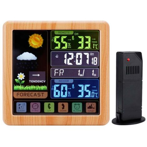 Estación meteorológica inalámbrica con pantalla LCD a color, termómetro e higrómetro para interiores y exteriores con sensor exterior y despertador con función de repetición (color madera). (1/4)