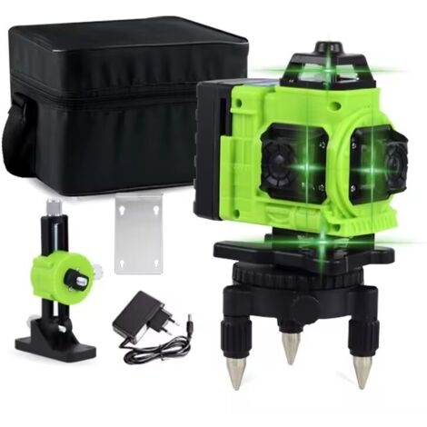 Nivel láser de 16 líneas, nivel láser de líneas cruzadas de haz verde autonivelante de 360° 4x360° 4D con 2 baterías, control remoto láser de línea horizontal/vertical de 360° para construcción de azu (1/3)