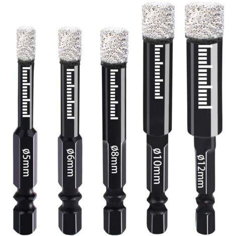 Brocas de diamante de 5 mm, 6 mm, 8 mm, 10 mm y 12 mm con vástago hexagonal para cerámica, granito, vidrio, porcelana, azulejos, amoladoras angulares y taladros manuales. (1/5)