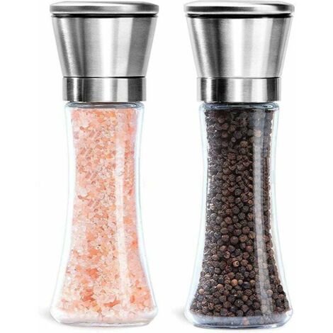 Molinillo de pimienta y sal manual, tamaño de grano ajustable, saleros y pimenteros, molinillo de sal y pimienta de vidrio y acero cepillado con molinillo de especias, juego de 2 (1/5)