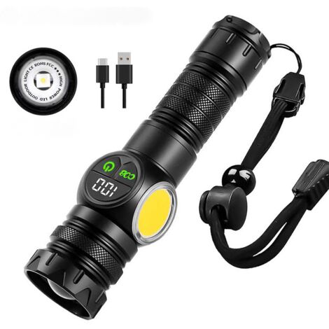Linterna LED ultrapotente, recargable de 2000 lúmenes, magnetizada con pantalla digital LCD, luces laterales COB, 9 modos de iluminación, ideal para camping y emergencias. (1/5)