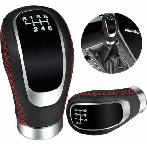 Pomo de cambio de marchas universal de cuero para interior de coche, 6 velocidades, con 3 adaptadores de 8 mm, 10 mm y 12 mm, color negro y rojo, para la mayoría de vehículos. (1/5)