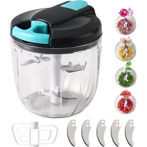Picadora de cebolla manual, cortadora de verduras de 900 ml, con 5 cuchillas de acero inoxidable y 1 batidora, multifuncional con cable, para cebolla y ajo (azul - 900 ml) (1/5)