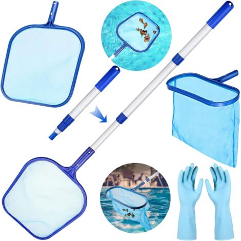 Skimmer de superficie de piscina, kit de limpieza de piscinas, skimmer de malla fina, red de piscina con mango telescópico de aluminio y guantes, para piscinas, spas, fuentes y estanques. (1/5)