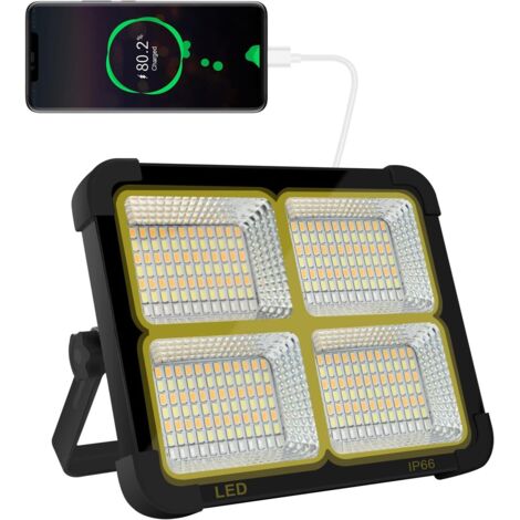 CosyEasy Rechargeable LED Spotlight, 100 W, 10,000 LM, Work Light, Portable with Solar Panel, 16500 mAh, USB, Rechargeable for Camping, Construction Site, Garage, Workshop