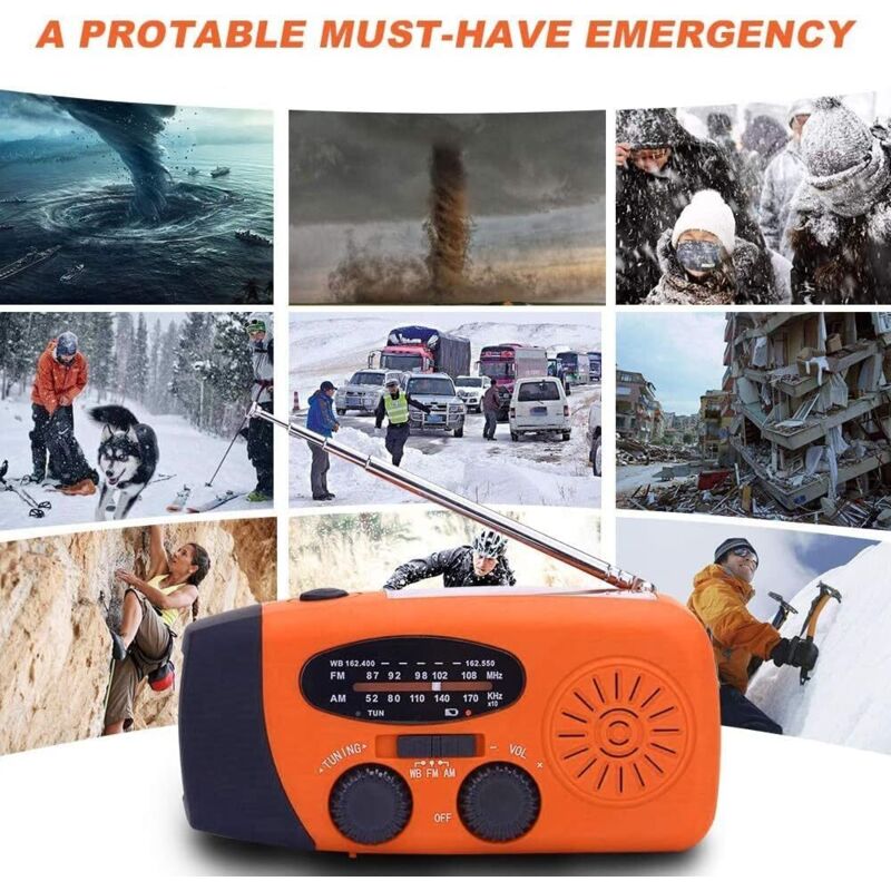 Radio di emergenza multifunzione con banda AM/FM, carica solare a Radio di emergenza multifunzione con banda AM/FM, carica solare a