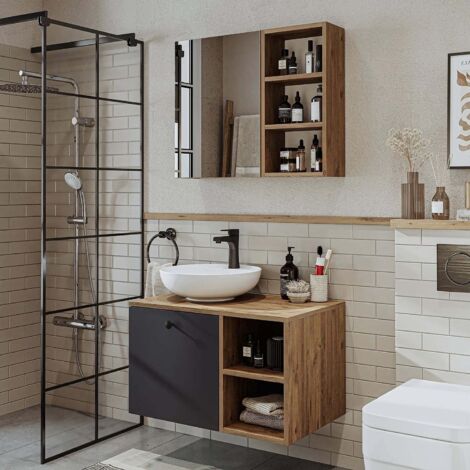 Lotus Bathroom Set of 2, Vanity Unit with Over Counter Wash Basin / Bowl and Mirror Cabinet, 75 cm, Oak Effect and Anthracite