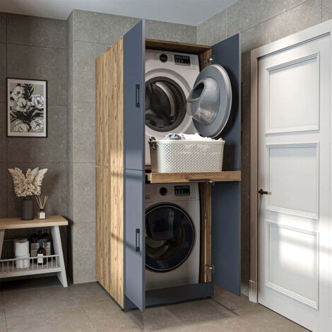 Dora Washer and Dryer Stacker Cabinet with Double Doors and Pull-Out Basket Shelf, Oak Effect and Anthracite