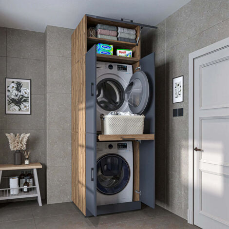 Dora Washer and Dryer Stacker Cabinet with Double Doors, Pull-Out Basket Shelf and Overhead Storage, Oak Effect and Anthracite