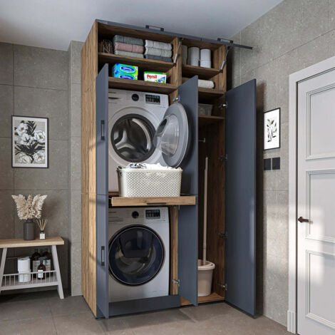 Dora Washer and Dryer Stacker Cabinet with Double Doors, Pull Out Basket Shelf, Overhead Storage and Side Utility Cupboard, Oak Effect and Anthracite