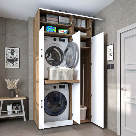 Dora Washer and Dryer Stacker Cabinet with Double Doors, Pull Out Basket Shelf, Overhead Storage and Side Utility Cupboard, Oak Effect and White