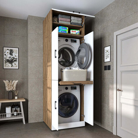Dora Washer and Dryer Stacker Cabinet with Double Doors, Pull-Out Basket Shelf and Overhead Storage, Oak Effect and White