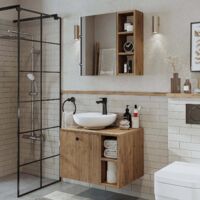 Lotus Bathroom Set of 2, Vanity Unit with Over Counter Wash Basin / Bowl and Mirror Cabinet, 65 cm, Oak Effect