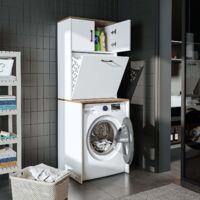 Luna Washing Machine Cabinet with Built In Laundry Basket and Storage Cupboards, Oak Effect and White