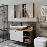 Lotus Bathroom Set of 2, Vanity Unit with Over Counter Wash Basin / Bowl and Mirror Cabinet, 95 cm, Oak Effect and White