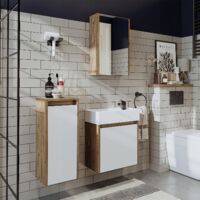 Mini Bathroom Furniture Set with Basin, Mirror Cabinet and Tall Storage Unit, Oak Effect and White