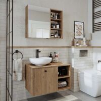 Lotus Bathroom Set of 2, Vanity Unit with Over Counter Wash Basin / Bowl and Mirror Cabinet, 75 cm, Oak Effect