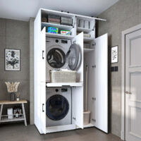 Dora Washer and Dryer Stacker Cabinet with Double Doors, Pull Out Basket Shelf, Overhead Storage and Side Utility Cupboard, White