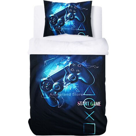 Housse de Couette pour Enfant Garçon Imprimée Gamer Parure de Lit Enfant 140x200cm Bleu et Noir, 1 Taie d'Oreiller 50x75 cm