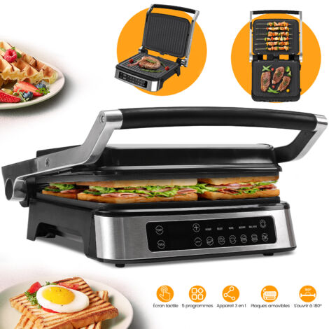 Grille Viande & Panini & Barbecue 3 en 1, Plaques Amovibles, 5 Modes Automatiques, Ouverture à 180°, 2100 W