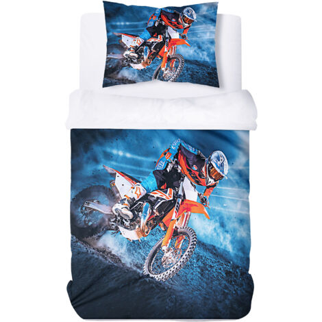 Housse de Couette Moto 140x200 cm pour Enfant avec 1 Taie d'Oreiller 50x75 cm, Parure de Lit Imprimée Sport Extrême Moto