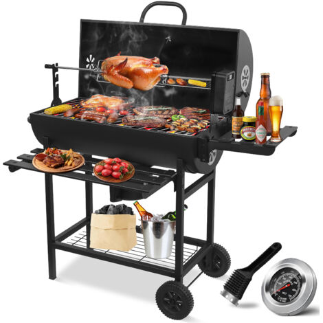 Barbecue Charbon de Bois avec Tournebroche Électrique, Chariot avec Couvercle,Thermomètre, 2 Tablettes Pliantes, Tiroir à Cendres