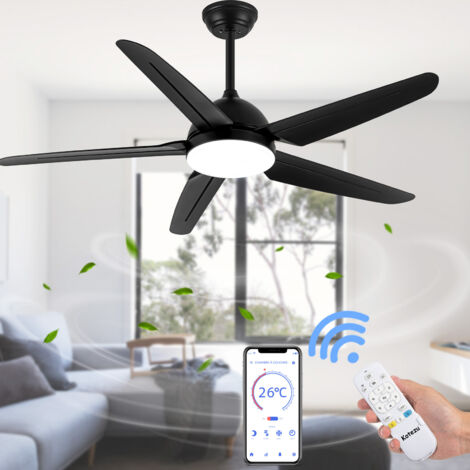 Ventilateur Plafond avec Lumiere Réversible, 52 Pouces avec Moteur à Courant Continu et Télécommande, Noir, 5 Pales, Salon Chambre