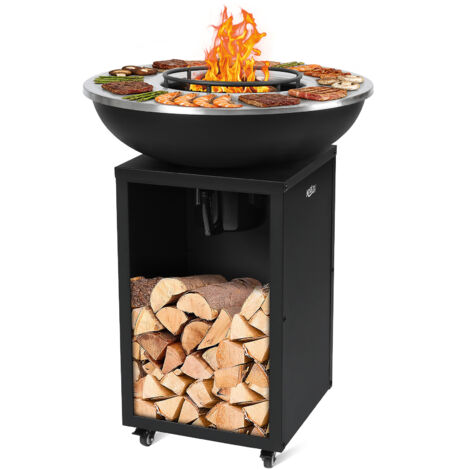 KOTEZU Brasero Barbecue Charbon Ø 67 cm Grille Ø28 cm pour Jardin Terrasse, 2 en 1 Plancha, 5-10 Personnes, Cendrier Amovible et Roulettes