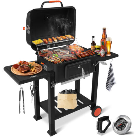 Barbecue au Charbon de Bois avec Couvercle, Chariot sur Roulettes & Thermomètre, Bac Réglable, Tablettes Rabattables, pour Jardin Terrasse 5-10 Personnes