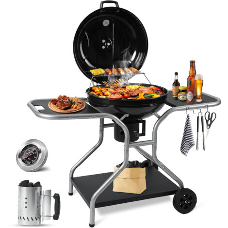 KOTEZU Barbecue Charbon de Bois Ø 54cm avec Couvercle, Chariot Thermomètre, Bac à Charbon Réglable, 2 Tablettes, Cheminée d'Allumage, pour 5-10 Personnes