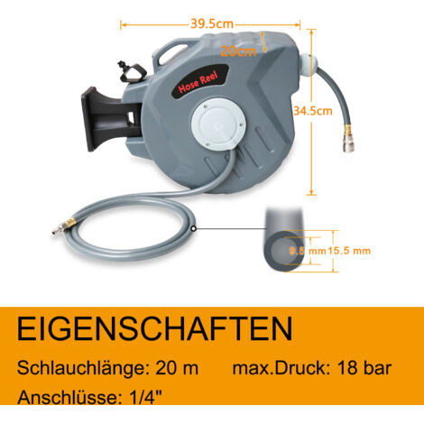 Jiubiaz Druckluft Schlauchtrommel 20m Automatischer Einzug 1/4" Anschluss Automatik Schlauchaufroller Druckluftschlauch Wandhalterung Garten-Schlauchbox (1/4)