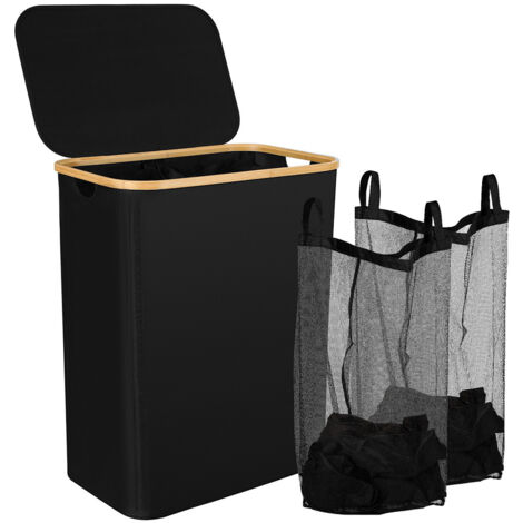 Jiubiaz Panier à Linge Mince avec Couvercle, 145L, Gain de Place, Doublure en Maille Amovible, Tissu Oxford, Poignées en Bambou, Pliable,Noir