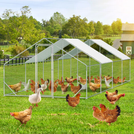 Jiubiaz Enclos Poulailler avec Toit 3x8x2 m en Acier Galvanisé pour Poules Extérieur
