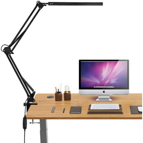 Jiubiaz Lámpara de escritorio LED 10W 10 intensidades 3 tonos luz blanco frío caliente brazo articulado pinza metal botón USB (1/5)