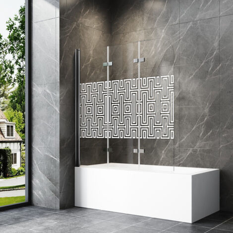 WDWRITTI Pare-baignoire 120 x 140 cm 3 pièces pliable Paroi de douche, paroi de douche pour baignoire Paroi de douche pour baignoire avec labyrinthes blancs rayés en verre de sécurité ESG 6 mm