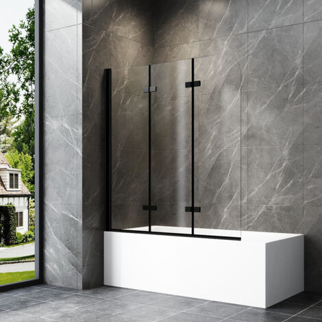 WDWRITTI Pare-baignoire 140x140cm noir Pare-baignoire pliable en 3 parties Paroi de douche pour baignoire Paroi de douche pliable pour douche Verre de sécurité ESG 6 mm Paroi de douche