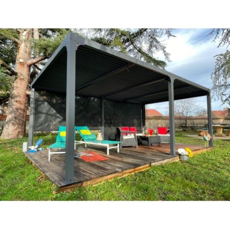 Pérgola bioclimática de 360x600cm en aluminio XXL, con 2 toldos de color gris antracita en el lado de 6,0m, de movimiento manual