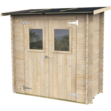 Caseta de jardín de madera, 198 x 98 cm, paredes de 19 mm, ventanas francesas dobles, abeto natural. (1/5)
