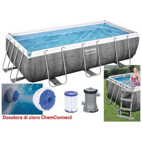 Piscina rectangular elevada con estructura de acero y bomba de filtro, 404x201x100 cm, con escalera y dispensador de cloro - Bestway