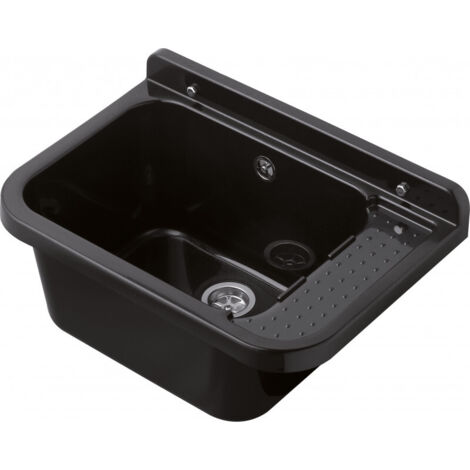 Fregadero de pared exterior con rebosadero, 50 x 34 cm, color negro, para jardín y garaje, kit de montaje y desagüe, Negrari