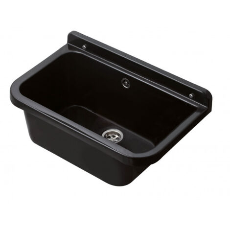 Fregadero de pared para exterior, 55x34 cm, con rebosadero – Negro – Jardín y garaje – Kit de montaje y drenaje – Negrari