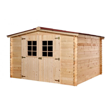 Caseta de jardín de madera con puerta de doble cristal – 300x300 cm – Tablas de 28 mm, techo bituminoso rojo – MO3030.02N Foresta