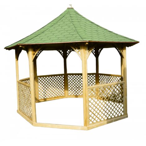 Cenador octogonal de madera Ø352 cm – Espesor del techo 20 mm – Con tejas bituminosas – Abeto tratado – KIC35 Foresta (1/4)