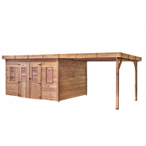 Caseta de jardín de madera maciza con leñera, 710x303 cm – Grosor de pared: 28 mm – Techo plano de policarbonato – SL4030B Foresta (1/3)