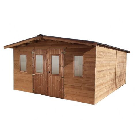 Caseta de jardín de madera tratada térmicamente, 380x480 cm – Espesor de pared 26 mm – Techo de acero galvanizado – Ventanas de acrílico – THY4050 Foresta