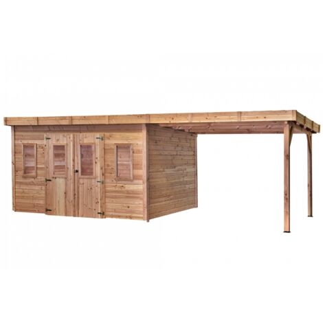 Caseta de jardín de madera 280x680 cm con leñera – Espesor de pared 28 mm – Techo plano de acero – DIN4030.02B Foresta (1/4)