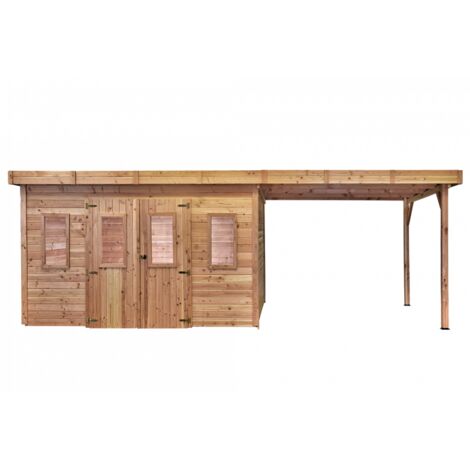 Caseta de jardín de madera 380x680 cm con leñera – Espesor de pared 28 mm – Techo plano de acero – DIN4040.02B Foresta (1/3)