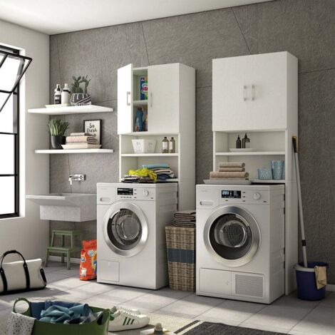 Mueble multiusos encima de la lavadora con dos estantes y dos puertas blancas