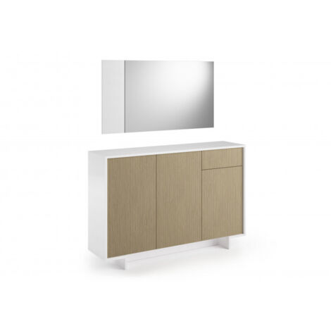 Aparador Frame Slim de 3 puertas con cajón push-to-open, blanco y cannetè claro, 134x35x87 cm - Terraneo (1/3)