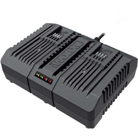 Cargador rápido doble Worx WA3883 para baterías PowerShare de 20 V: carga simultánea de herramientas eléctricas.